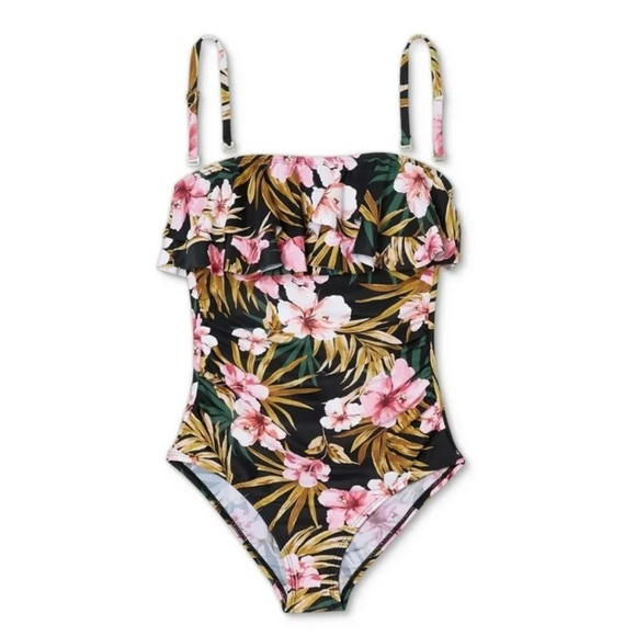Kona Sol Black and Pink One Piece Swimsuit with Ruffle Detail - Picture 1 of 7